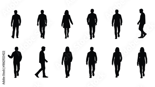Silhouettes of people walking in different poses and directions a collection