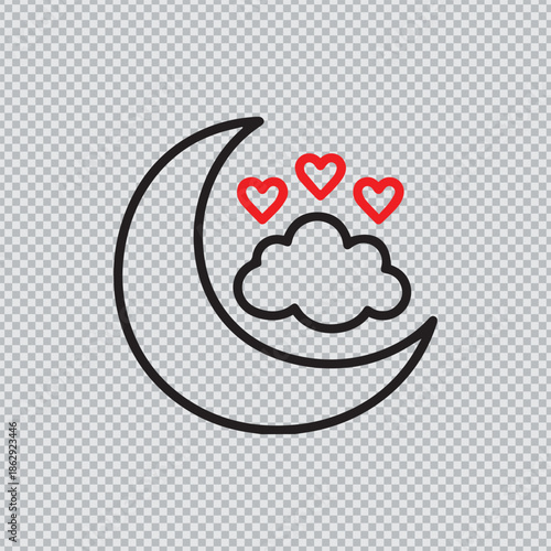 Romantic Night Sky Vector Icon Illustration Showing Crescent Moon Cloud and Red Hearts for Dreamy Valentine's Day and Bedtime Themes.