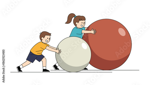 Two young children playing outdoors by pushing large colorful exercise balls on a white background for a school activity.