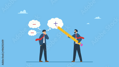 Businessman using pencil to draw positive sign on employee negative thought. Think positive mindset, optimistic attitude to success in work, mentor to motivate employee for positivity.