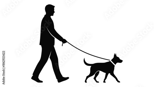 A silhouetted man walking a dog on a leash simple black and white image