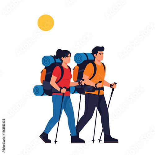 Hiking Couple Trekking Outdoors with Backpacks and Poles in Sunny Nature Landscape Illustration