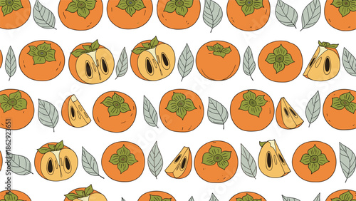 Vibrant pattern of orange persimmons and light blue leaves scattered across a white background for autumn food illustration.