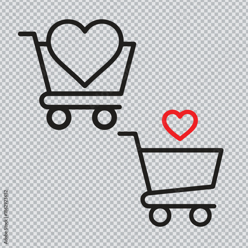 Shopping Cart Vector Icons Featuring Large Heart and Small Heart Symbols for Valentine's Day Sale and Romantic Gift Purchase Concepts.