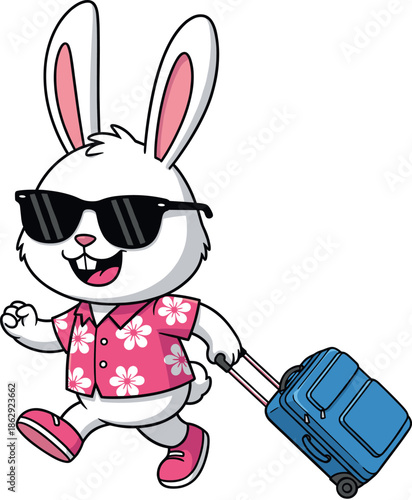 Cute cartoon white rabbit character wearing sunglasses and floral shirt pulling blue travel suitcase on white background for summer vacation concept.