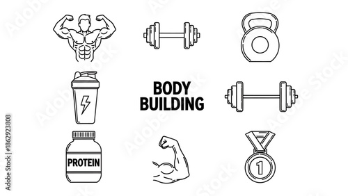 Bodybuilding fitness icons set with protein, weights, medal, and muscle flexing in graphic design style