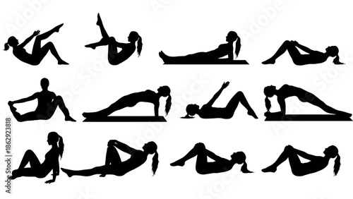 Yoga Poses Silhouettes Demonstrating Flexibility and Fitness in Studio Environment from Side View