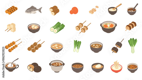 Large collection of diverse Japanese food icons including soups skewers vegetables and traditional dishes for a menu design.