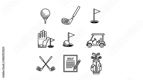 Golf Equipment Icons Set, Sports Tools and Accessories, Vector Illustration, Graphic Design, White Background, Flat View