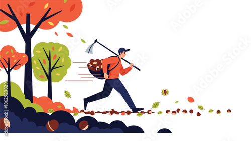 Man running through an autumn forest with colorful trees carrying a basket of harvested chestnuts and a farming tool.