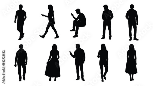 Diverse group of people silhouettes in various poses and clothing styles