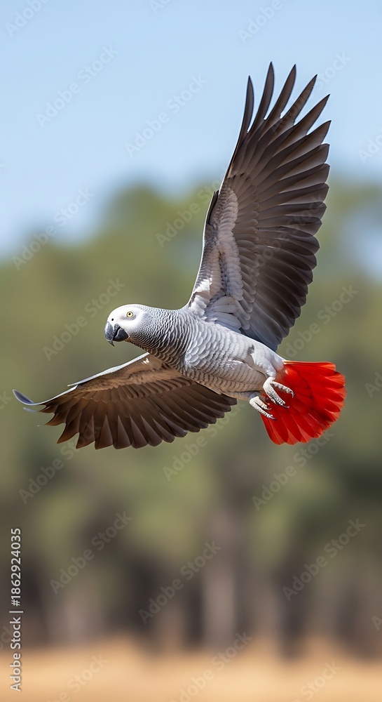 Obraz premium African Grey Parrot in Flight - A Vibrant Display of Natures Beauty.