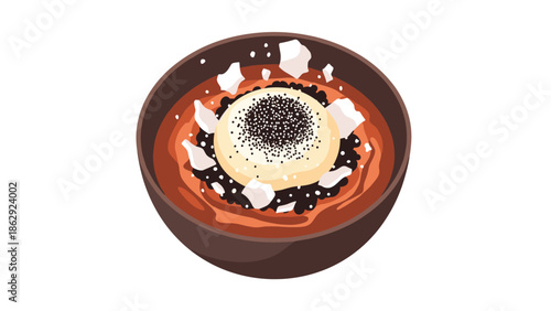 Warm bowl of Japanese soup with a soft boiled egg seaweed and broth illustrated in a simple and clean graphic style.