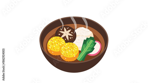 Bowl of steaming miso soup with tofu mushrooms and leafy green vegetables depicted as a healthy traditional Japanese meal.