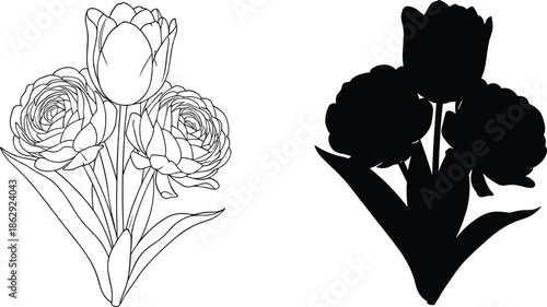 Elegant floral designs with tulips and roses in line and silhouette styles