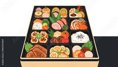 Detailed overhead view of a multi compartment bento box filled with traditional Japanese New Year delicacies known as Osechi.