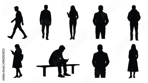 Silhouettes of people in various poses against a plain white background