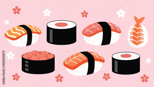 Variety of sushi pieces including nigiri and maki rolls arranged on a pink background decorated with small white flowers.