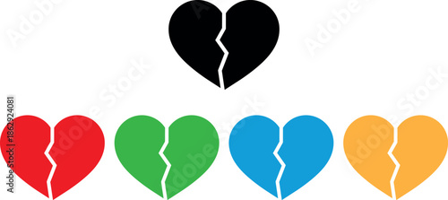 Colorful broken heart icon set in five colors isolated on white background . Divorce symbol . Vector illustration