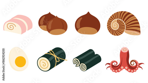 Collection of small Japanese food items like pink kamaboko fish cakes chestnuts kelp rolls and boiled egg for bento.