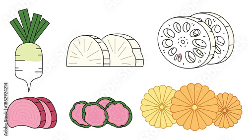 Illustrated ingredients for Japanese cooking including daikon radish lotus root fish cake and decorative flower shapes.