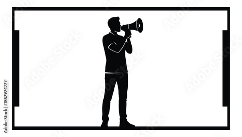 Silhouette of a man speaking through a megaphone framed in a rectangle