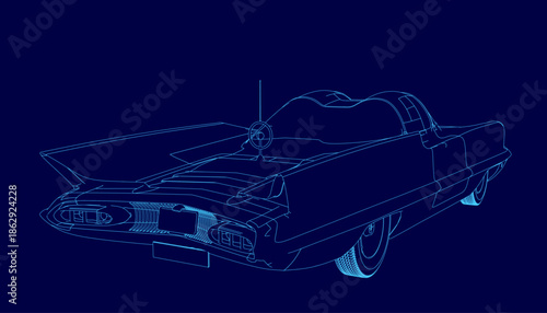 A retro-future car contour blueprint on a stark blue background highlights sleek lines and detailed curves. The minimalist design emphasizes automotive innovation.