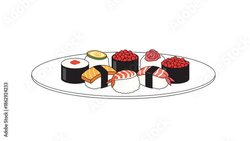 Platter of assorted sushi pieces including salmon nigiri shrimp nigiri and maki rolls served on a large white plate.