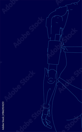 A robotic girl in blue line art. The contour drawing on a dark blue background creates a striking visual contrast.