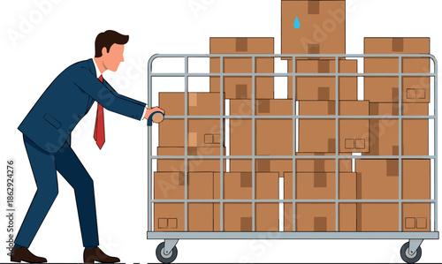 Businessman in blue suit pushing large metal warehouse cart filled with cardboard boxes flat vector illustration isolated on white background for logistics concept.