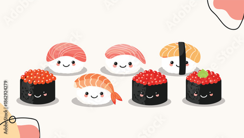 Collection of cute cartoon sushi characters with happy smiling faces and tiny cheeks illustrated on a soft pink background.