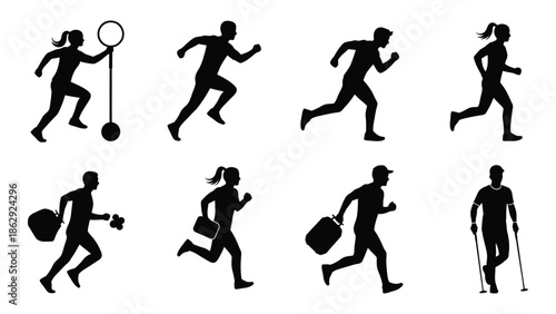 Silhouettes of people engaged in various running and walking activities