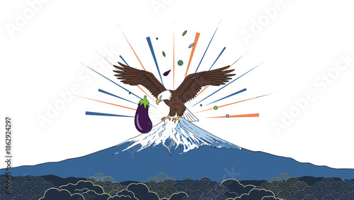 Traditional Japanese hatsuyume first dream of the year illustration featuring iconic Mount Fuji, a majestic eagle, and a purple eggplant on white background.