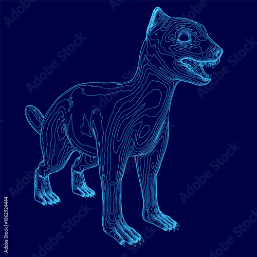 A mongoose animal contour drawing in blue line art stands on a dark blue textured background.