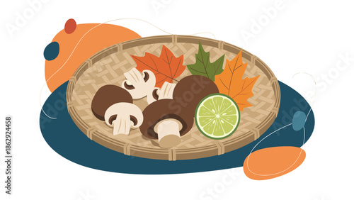 Illustration of sliced and whole mushrooms in a bamboo basket with colorful autumn leaves and a lime wedge set against a modern abstract background.