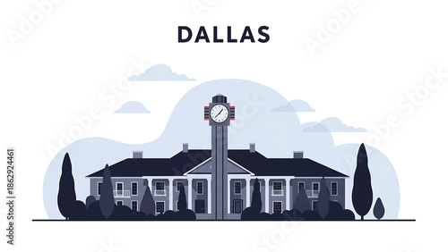 A stylized illustration features a grand building with a tall clock tower, trees, and clouds, set against a white background. The word "DALLAS" is at the top