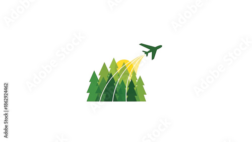 A stylized illustration features a green airplane ascending from a forest with a yellow sun in the background. Trails mark its path