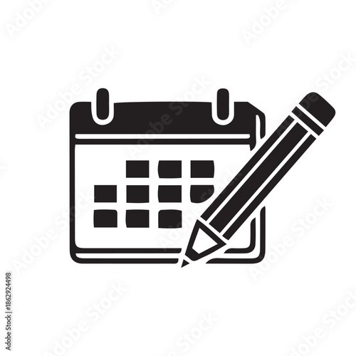 A black vector icon of a calendar with a pencil for scheduling, planning, and appointment reminders