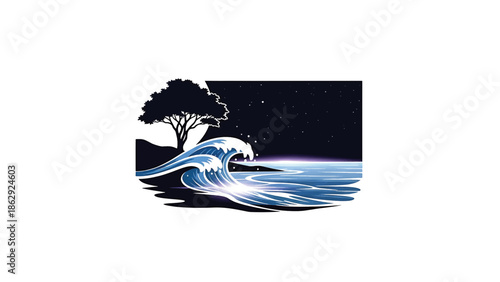 A stylized illustration features a large wave with luminous crests, crashing near a dark shore. A tree stands on land under a starry sky