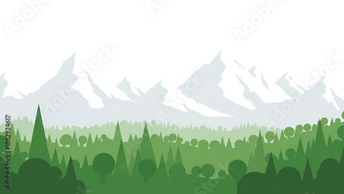 A stylized illustration features a layered landscape with a range of snow-capped mountains in the background and a dense forest in the foreground