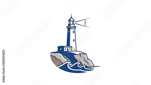 A stylized illustration features a lighthouse perched on a rocky outcropping, with waves crashing below. The beacon emits light