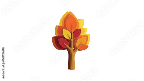 A stylized illustration features a layered tree with warm autumnal colors, on a white background. Leaves showcase gradient tones