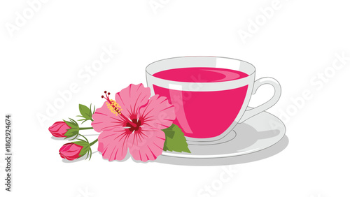 Refreshing cup of bright pink hibiscus herbal tea served on a saucer next to a blooming pink hibiscus flower and green leaves on white background.