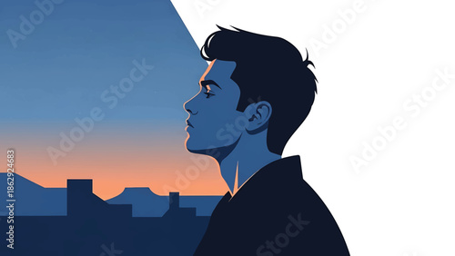 A stylized illustration features a man in profile looking up at a gradient sky above a cityscape. The color palette is composed of blues, orange, and white