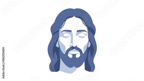 A stylized illustration features a man with long hair, closed eyes, and a beard, rendered in shades of blue. The background is white