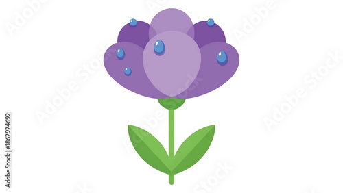 A stylized illustration features a purple flower with water droplets. Two green leaves and a green stem complete the design against a white background