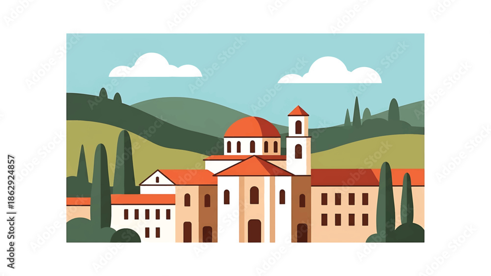 Fototapeta premium A stylized illustration features a European village scene with a church, houses, and rolling hills under a blue sky with clouds