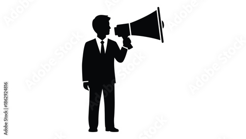 A silhouette of a businessman speaking into a megaphone on white background