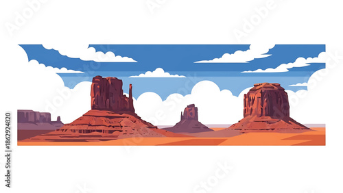 A stylized illustration features a desert landscape. Distinct rock formations rise from a sandy expanse beneath a sky adorned with clouds