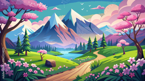 The beauty of spring in the landscape of vast forests and mountains covered with blossoming trees, which depicts the harmony of nature and peace.